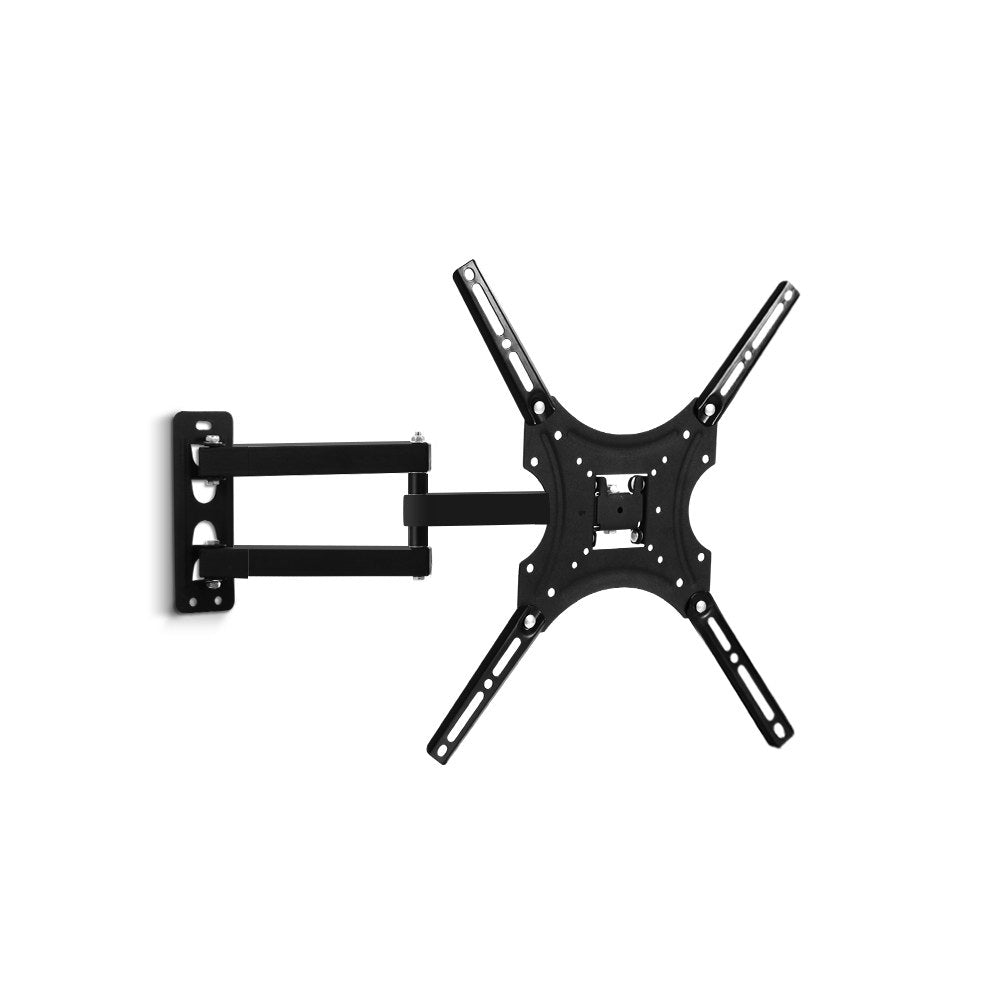 Black full-motion TV bracket corner wall plate dual-bar arms and X-pattern VESA mounting plate with spirit level