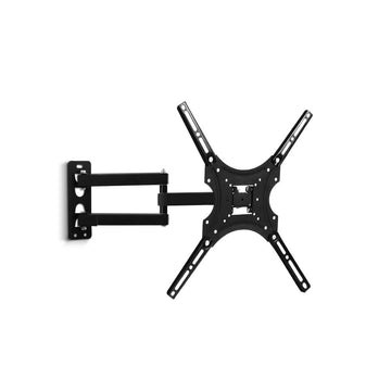 Black full-motion TV bracket corner wall plate dual-bar arms and X-pattern VESA mounting plate with spirit level