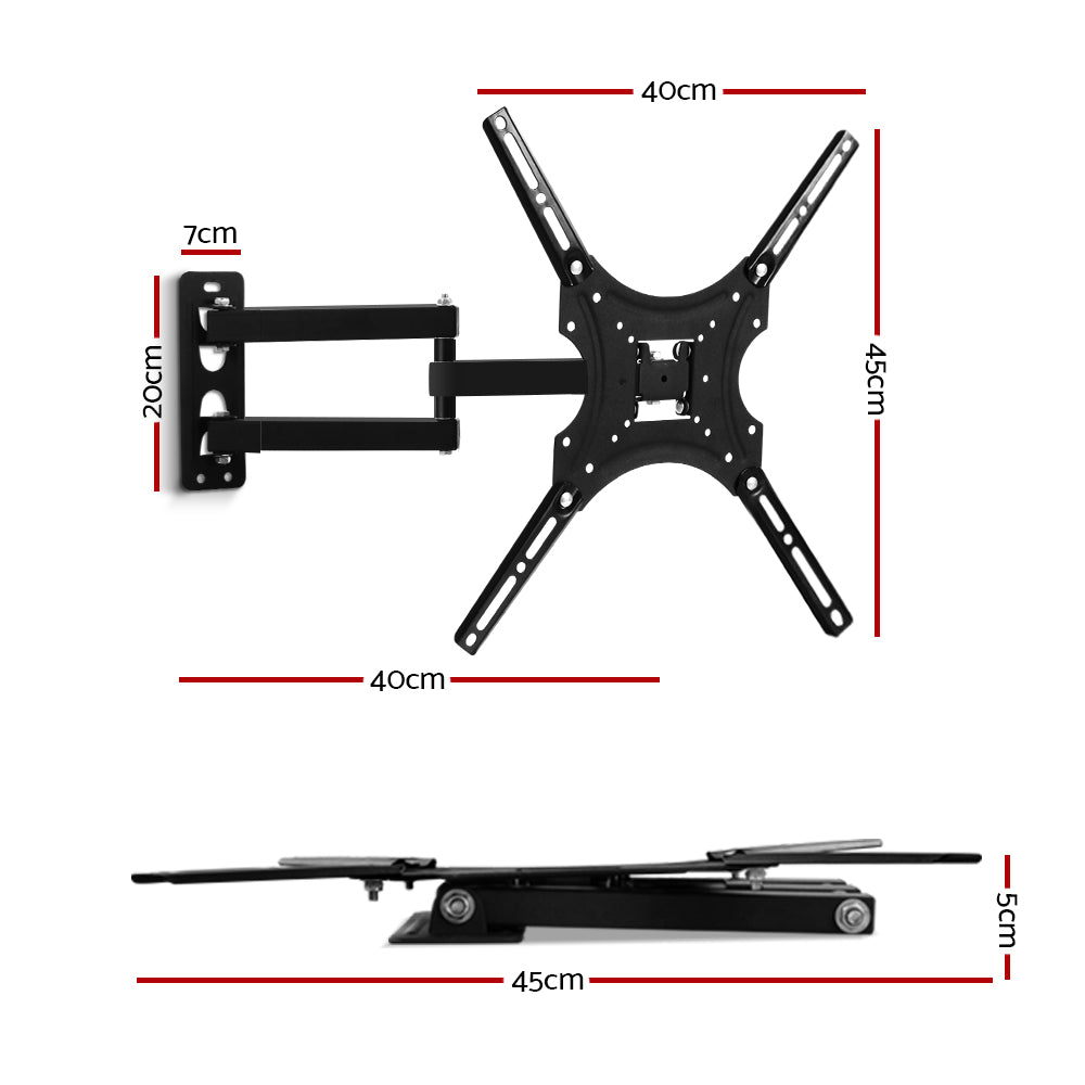 Black full-motion TV bracket corner wall plate dual-bar arms and X-pattern VESA mounting plate with spirit level