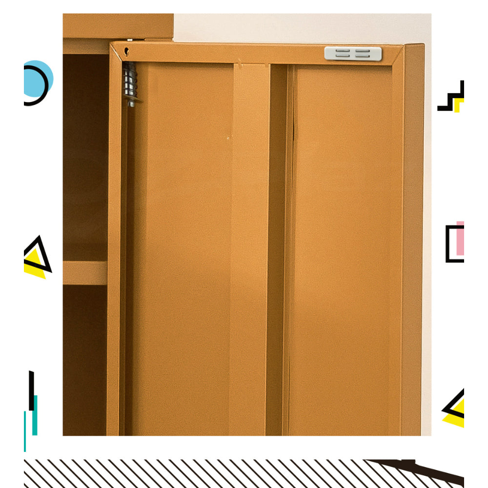 Close-up of yellow metal locker cabinet top-left corner showing door hinge and soft-close mechanism