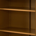 Interior close-up of yellow metal locker cabinet showing three empty adjustable shelves with pin holes