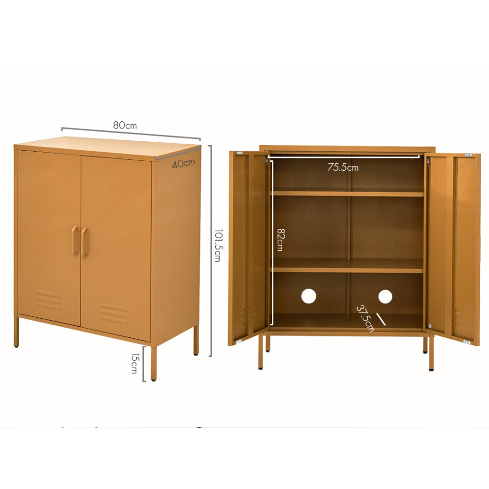 Dimension diagram of yellow two-door locker cabinet: 80cm wide, 40cm deep, 101.5cm tall, interior 75.5cm wide