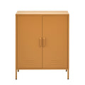 Mustard yellow two-door metal locker cabinet with bar handles and louvre vents on white background
