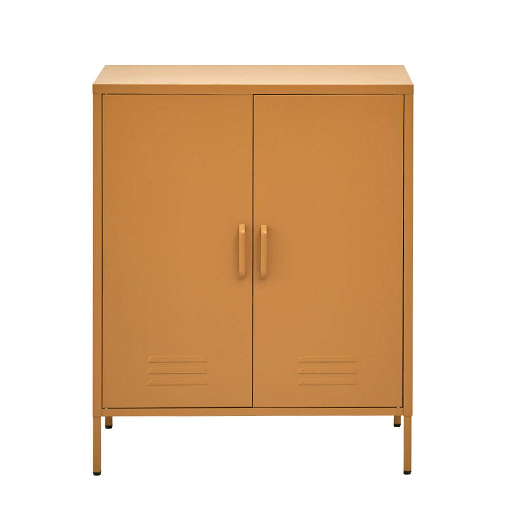 Mustard yellow two-door metal locker cabinet with bar handles and louvre vents on white background