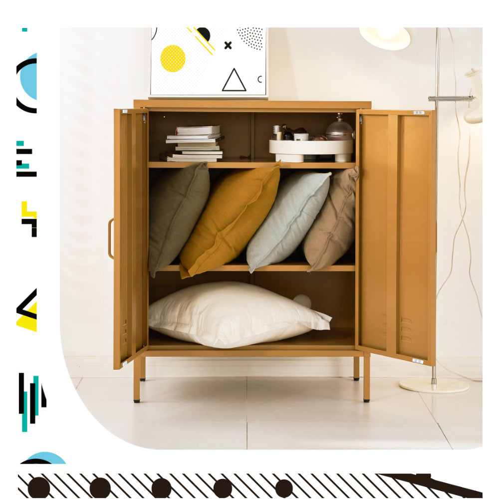 Mustard yellow two-door locker cabinet open with shelves storing coloured cushions, books and a tray