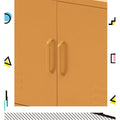 Close-up of two yellow metal locker cabinet doors with matching curved bar handles on white background with geometric shapes