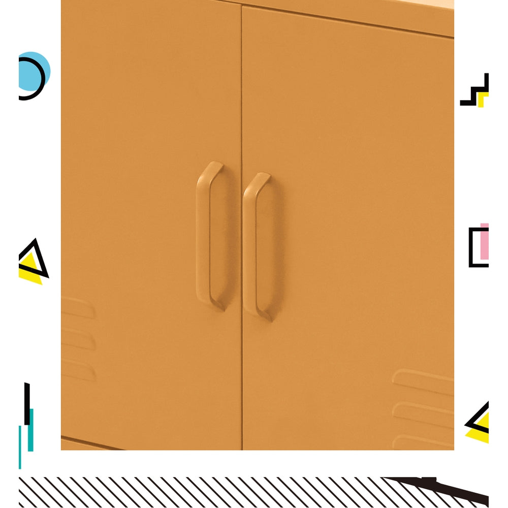 Close-up of two yellow metal locker cabinet doors with matching curved bar handles on white background with geometric shapes