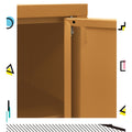 Close-up of yellow metal sideboard cabinet top corner showing door hinge and spring mechanism