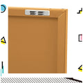 Close-up of yellow metal sideboard cabinet top-right corner showing door edge and soft-close mechanism
