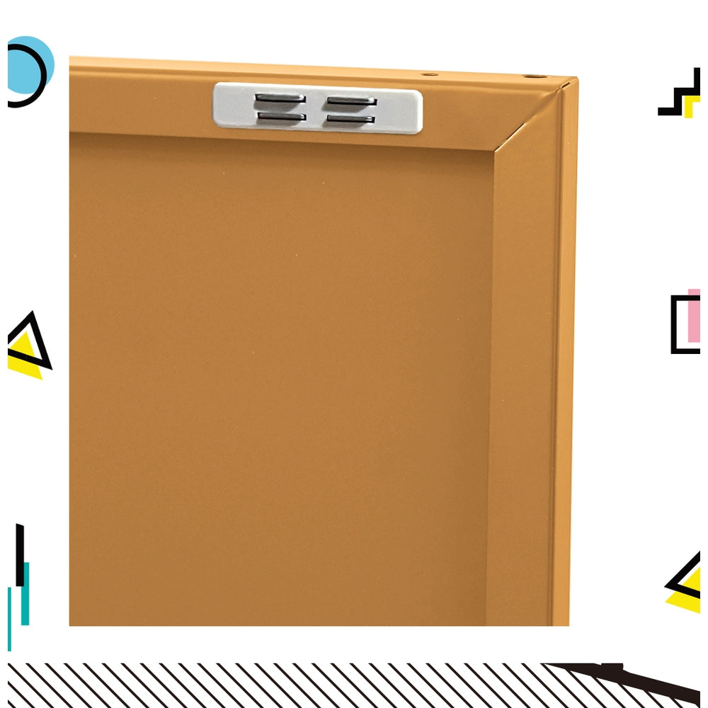Close-up of yellow metal sideboard cabinet top-right corner showing door edge and soft-close mechanism