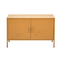 Mustard yellow two-door metal sideboard cabinet with bar handles and louvre vents on white background