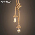 YNL hemp rope double pendant light with two Edison bulbs, teardrop and globe, knotted rope against grey background